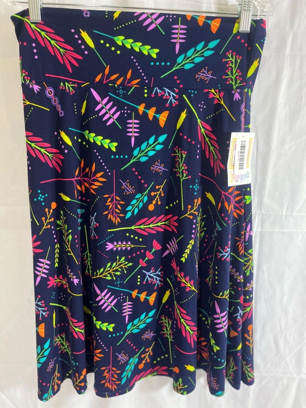 LuLaRoe Navy Midi Skirt with Neon Floral Print